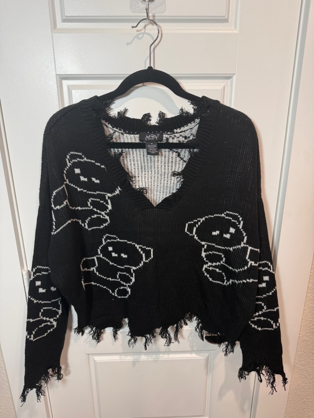 Joyrich Black Knit V-Neck Sweater with White Teddy Bear Motif